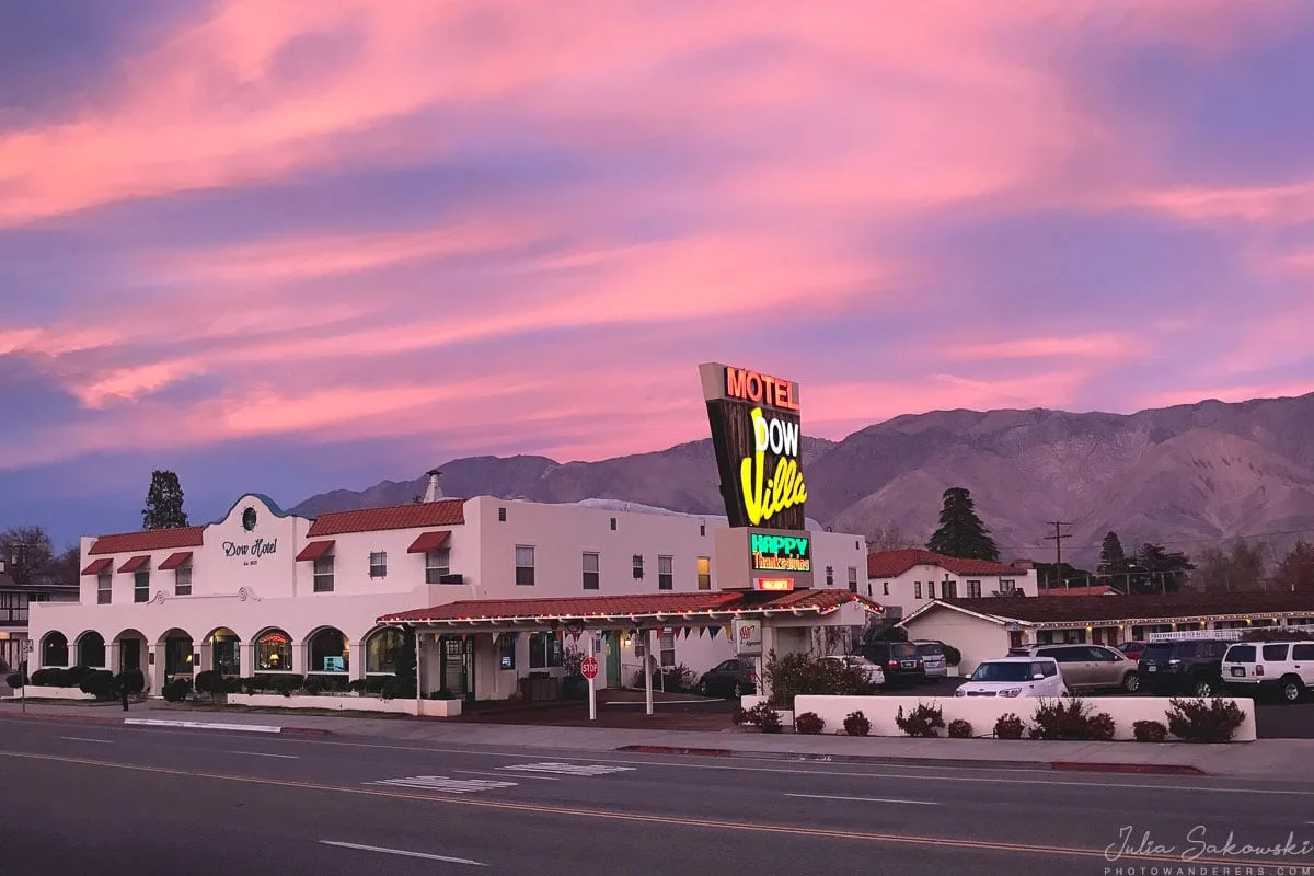 Sunset over the historic Dow Villa Motel in Lone Pine